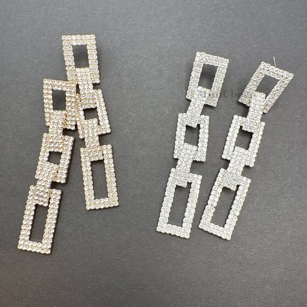Gold Tone Rhinestone Rectangle Chain Link Earrings - Picture 9 of 10
